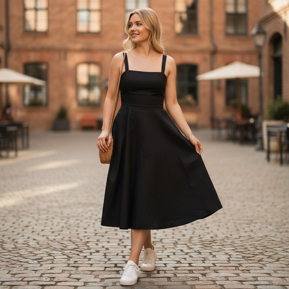 Lauren Ralph Lauren Dress Womens 14 Black Cotton Fit Flare Midi Sleeveless